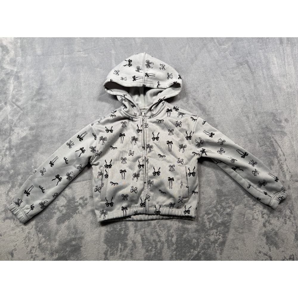 DKNY Hoodie Girls 4T Light Gray All Over Bow Pattern Fleece Lined Logo Full Zip